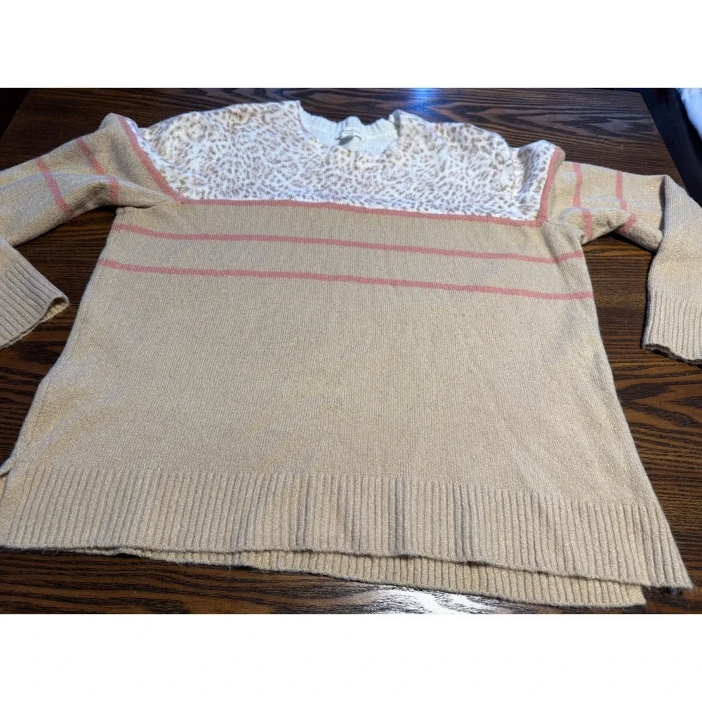beachlunchlounge‎ Collection Leopard Print Striped Sweater Women's XL Tan Pink